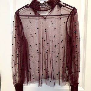 Maroon Beaded Mesh Top